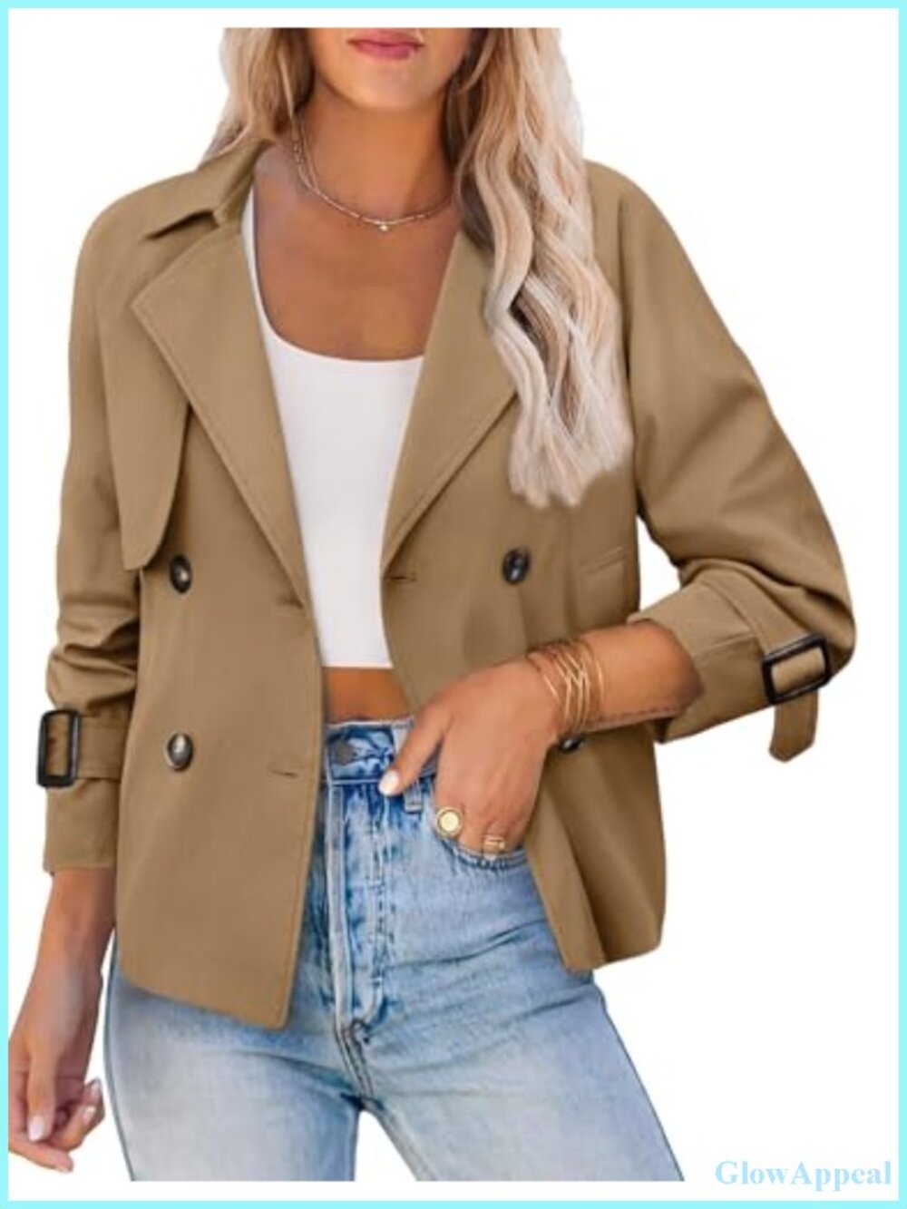 Womens Cropped Trench Coat Double Breasted Short Jacket with Pockets